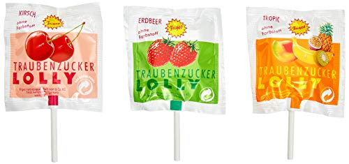 Frigeo Traubenzucker-Lolly in drei Geschmacksrichtungen: Erdbeer, Tropic und Kirsch, 1000 Stück im Eimer (7,5 kg) von Frigeo
