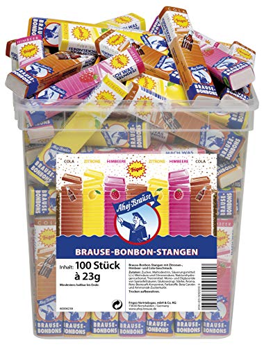 Ahoj-Brause Bonbons-Stangen – Brause-Bonbons in drei prickelnden, süß-sauren Geschmacksrichtungen, Brause-Drops zum Lutschen, vegan, im Vorrats-Pack, 100 Stangen im 2,3 kg Eimer von Frigeo Ahoj-Brause