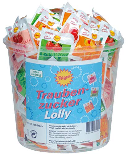 Frigeo Traubenzucker-Lolly in drei Geschmacksrichtungen: Erdbeer, Tropic und Kirsch, 100 Stück im Eimer (750 g) | 100 Stück (1er Pack) von Frigeo Ahoj-Brause
