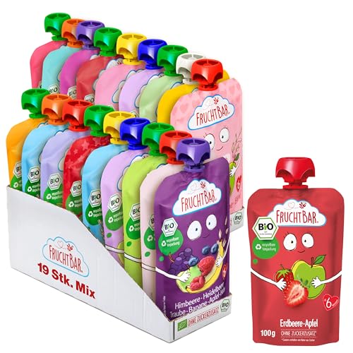 FruchtBar Bio Frucht-Quetschie Schatzkiste, 19 Fruchtpüree Quetschbeutel in verschiedenen Sorten, Fruchtmus für Babys ab 6 Monaten & Kinder, 19er Pack von FruchtBar