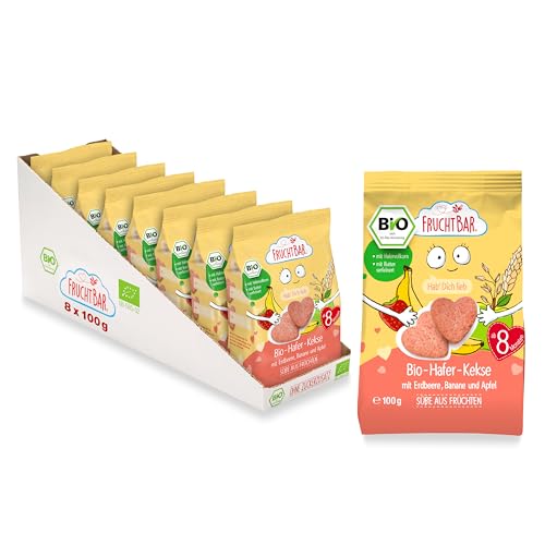 FruchtBar Bio Hafer Kekse mit Erdbeere, Banane und Apfel, 8er Pack zuckerfreier Kinder-Snack, für Babys ab 8 Monaten & Kinder, 8x100g von FruchtBar