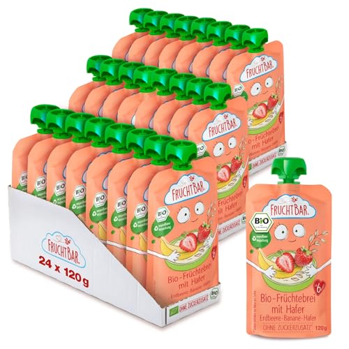 FruchtBar-Bio Quetschie, Vorratspack, Fruchtpüree für Babys ab 6 Monaten & Kinder (24 Stück, Bio Früchtebrei Erdbeere-Banane-Hafer) von FruchtBar