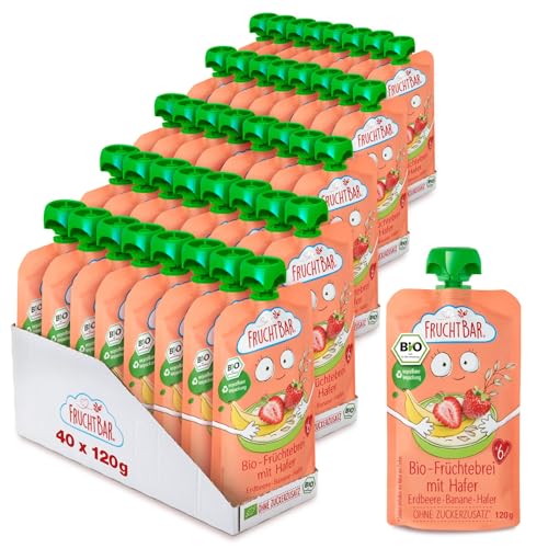 FruchtBar-Bio Quetschie, Vorratspack, Fruchtpüree für Babys ab 6 Monaten & Kinder (40 Stück, Bio Früchtebrei Erdbeere-Banane-Hafer) von FruchtBar