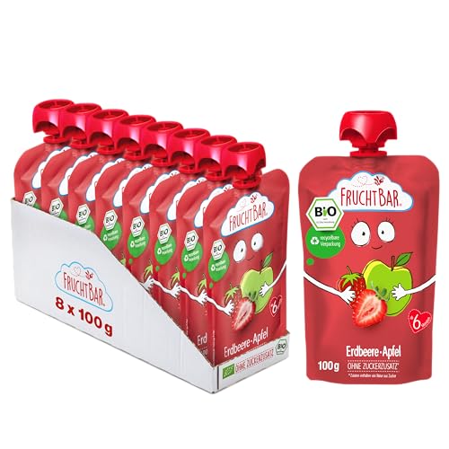 FruchtBar Bio Quetschie Erdbeere, Apfel, Frucht-Püree im Quetschbeutel für Babys ab 6 Monaten & Kinder, 8x 100g von FruchtBar