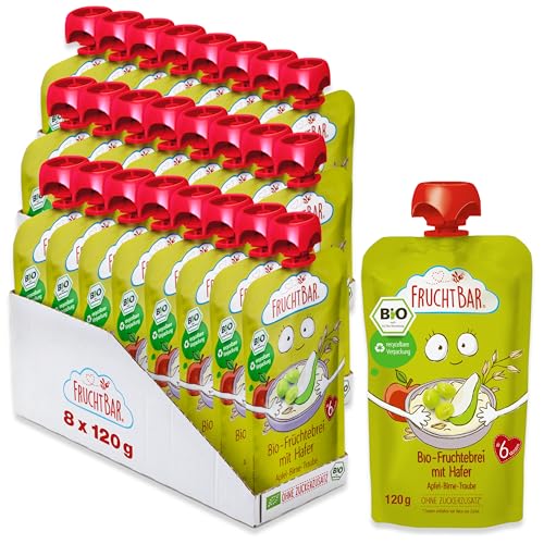 FruchtBar-Bio Quetschie Haferbrei Apfel, Birne, Traube; Fruchtpüree im Quetschbeutel 24x120g von FruchtBar