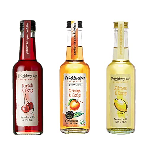 Fruchtwerker Essig und Frucht Set I Verschiedene Sorten I Fruchtig I Fruchtessig I Essig-Set I Rein Pflanzlich I Süß I In Glasflaschen (Kirsch + Orange + Zitrone) von Fruchtwerker