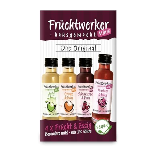 Fruchtwerker Minis 4er-Set | 4x 20ml Frucht & Essig | Essig Probierset | Fruchtig- sauer | Himbeere | Orange | Johannisbeere | Apfel | Vegane Küche von Fruchtwerker