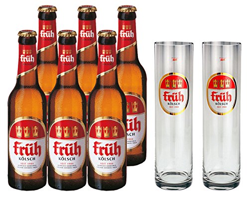 Früh Kölsch Set - 6x Früh Kölsch Bier 0,33L (4,8% Vol) + 2x Biergläser/Stangen 0,2L -[Enthält Sulfite] - Inkl. Pfand MEHRWEG von Früh-Früh