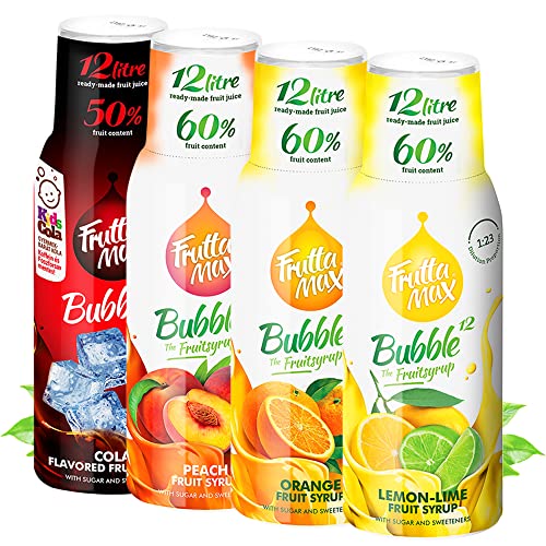 4 x 500 ml FruttaMax Getränkesirup Frucht-sirup Konzentrat | Orange-Zitrone-Limette-Cola-Pfirsiche- | weniger Zucker | mit 50-60% Fruchtanteil | für Soda Maschine geeignet von FruttaMax