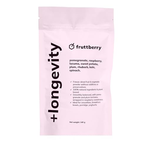 Fruttberry Gefriergetrocknetes Frucht- und Gemüsepulver mit Granatapfel, Himbeere, Lucuma, Süßkartoffel, Pflaume, Rhabarber, Grünkohl, Spinat – 140 g. Ideal für Smoothies, Porridge und Joghurt von Fruttberry