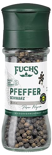 Fuchs Gewürze - Belém Pfeffer schwarz ganz - original schwarzer Belém Pfeffer, ideal für dunkle Saucen mit verstellbarem Mahlwerk - 50 g in wiederverwendbarer Mühle von Fuchs