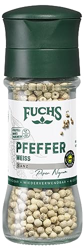 Fuchs Gewürze - Belém Pfeffer weiß ganz - original weißer Belém Pfeffer, vollmundiger Geschmack für helle Saucen mit verstellbarem Mahlwerk - 55 g in wiederverwendbarer Mühle von Fuchs