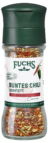 Fuchs Gewürze - Buntes Chili Quartett geschroten - Gewürzmischung aus Jalapeño, Ancho Chili und Chipotle Chili mit verstellbarem Mahlwerk - 40 g in wiederverwendbarer Mühle von Fuchs