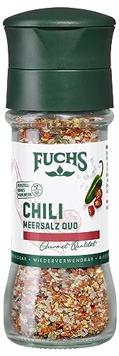 Fuchs Gewürze - Chili-Meersalz Duo - pikantes Gewürz zum Abschmecken oder als Topping für Stullen mit verstellbarem Mahlwerk - 65 g in wiederverwendbarer Mühle von Fuchs