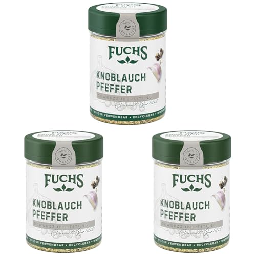 Fuchs Gewürze - Knoblauchpfeffer Gewürzzubereitung - zum Würzen oder Marinieren von Fleisch - natürliche Zutaten - 75 g in wiederverwendbarer, recyclebarer Dose (Packung mit 3) von Fuchs