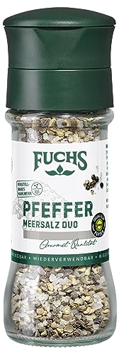 Fuchs Gewürze - Pfeffer-Meersalz Duo - mit originalem Belém Pfeffer, ideal als Tischwürze mit verstellbarem Mahlwerk - 70 g in wiederverwendbarer Mühle von Fuchs