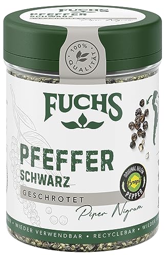 Fuchs Gewürze - Pfeffer schwarz geschroten - Pfeffer aus dem Amazonasgebiet, verleiht Fleischgerichten eine leicht scharfe Note - natürliche Zutaten - 60 g in wiederverwendbarer, recyclebarer Dose von Fuchs