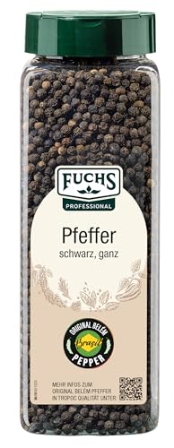 Fuchs Professional - Pfeffer schwarz ganz, Ungemahlener Pfeffer zum Mörsern oder für die Pfeffermühle geeignet, Mit praktischem Streuaufsatz, 500 g im großen Streuer von Fuchs