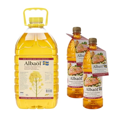 Albaöl Aktion - Rapsöl mit Buttergeschmack, 5 l Kanister + 2 x 0,75 l Flasche GRATIS, Sonderaktion, schwedisches Rapsöl, hochwertige Inhaltsstoffe, zum Braten, Backen oder als Dressing. von Fuduu.de