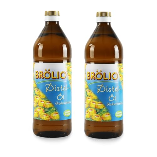 Brölio - Distelöl, 2 x 0,75 Liter Glasflasche, reich an natürlichem Vitamin E, 100% pflanzlich, vegan, vegetarisch, hohe Hitzebeständigkeit I für Geniesser, die Wert auf Qualität und Geschmack legen von Fuduu.de
