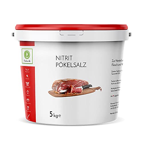 Fuduu.de - Nitritpökelsalz 5 kg | Qualitativ hochwertiges reines Pökelsalz zur Herstellung von Fleisch- und Wurstwaren - NPS Salz 0,4%-0,5% Natriumnitrit | geliefert im praktischen 5 kg Eimer von Fuduu.de