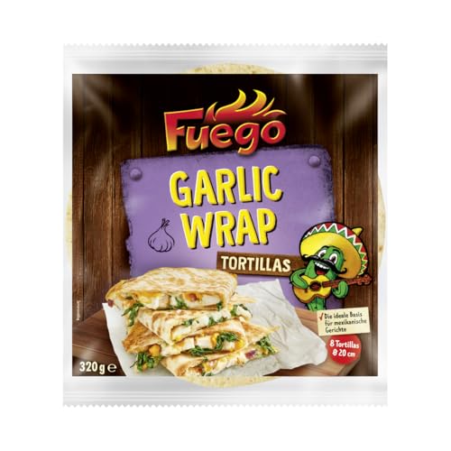Fuego - Tortillas Garlic | Wrap aus Weizenmehl mit Knoblauch | Ideale Basis für mexikanische Gerichte | 20 cm Durchmesser | 320 g / 8 Stück von Fuego