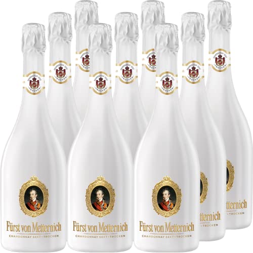Fürst von Metternich Chardonnay Sekt, Trocken, Dry (9x0,75l) Premiumsekt in hochwertiger weißen Glasflasche - aus rein deutschen Weinanbaugebieten - stilvoll, edel inkl. 2 Gläser gratis von Fürst von Metternich