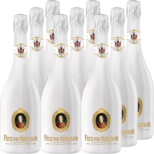 Fürst von Metternich Chardonnay Sekt, Trocken, Dry (9x0,75l) Premiumsekt in hochwertiger weißen Glasflasche - aus rein deutschen Weinanbaugebieten - stilvoll, edel von Fürst von Metternich