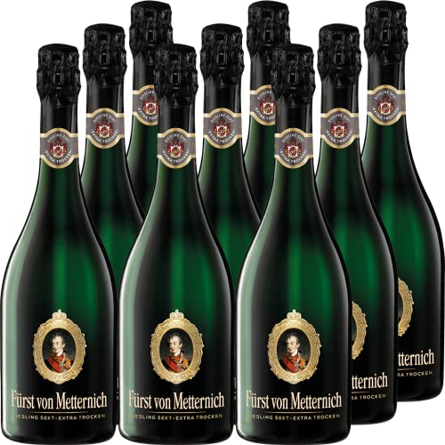 9er Paket Fürst von Metternich Riesling Sekt Extra Trocken (9 x 0,75 l) - Deutscher Premiumsekt aus ausgesuchten Lagen in der Pfalz, in Rheinhessen und im Rheingau inkl. 2 Gläser gratis von Fürst von Metternich