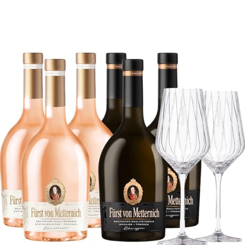 Fürst von Metternich Deutscher Qualitätswein Paket bestehend aus 2x Spätburgunder Rosé Trocken, 2x Rheingau Riesling Trocken & 2er Set Weinglas Fürst von Metternich Deutscher Qualitätswein Paket bestehend aus 2x Spätburgunder Rosé Trocken, 2x Rheingau Riesling Trocken & 2er Set Weinglas von Fürst von Metternich