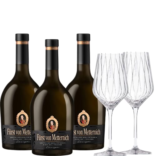 Fürst von Metternich Riesling Trocken (3 x 0,75 l) & 2er Set Weinglas, Deutscher Qualitätswein aus Rheinhessen von Fürst von Metternich