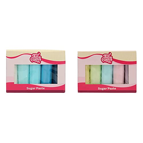 FunCakes Fondant Multipack Blue Farbpalette: Einfach zu bedienen, glatt. 5 Farben, 5 x 100 g & Fondant Multipack Pastellfarben: Einfach zu verwenden, glatt, weich und biegsam, 5 Farben, 5 x 100 g von FunCakes