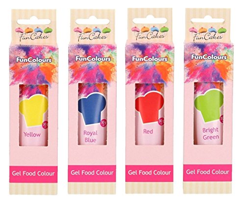 FunCakes - hochwertige essbare Lebensmittelfarbe "FunColours" - in Gel / Paste - 4er Set (120g) - Hellgrün / Gelb / Rot / Royal Blau - für den einzigartigen Look von FunCakes
