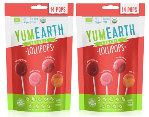 Yumearth - piruletas ecológicas de frutas 4 sabores: granada, sandía, fresa, melocotón - 14 unidades (pack 2 bolsas sabor frutas) von Fungoto