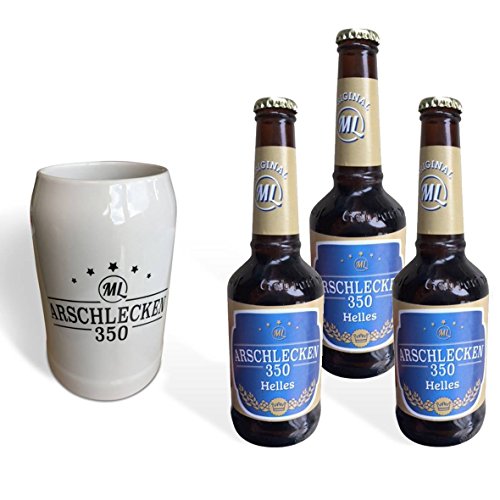 Geschenkset Bierkrug Arschlecken 350 Original ML & 3 x Bier Helles in 0,33 Liter Flasche Alc.5,2% vol. von Funice