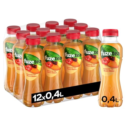 Fuze Tea Schwarzer Tee Pfirsich Hibiskus - Fusion aus Tee, Saft und Kräutern mit Kombination aus Pfirsich und Hibiskus - kalorienarmer Eistee aus nachhaltigem Anbau - Einweg Flaschen (12 x 400 ml) von Fuze Tea