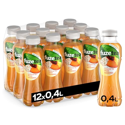 Fuze Tea Schwarzer Tee Pfirsich Holunderblüte - erfrischende Fusion aus Tee, Saft und Kräutern aus Pfirsich und Holunderblüte - ohne Zucker und ohne Kalorien - Einweg Flaschen (12 x 400 ml) von Fuze Tea