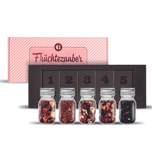 MEIN GENUSS Tee-Set Früchtezauber - Tee Geschenkset mit 5 fruchtigen Teesorten - Geschenk für Fruchttee-Liebhaber - Natürliche Inhaltsstoffe - Probierset: 5 Früchtetee-Sorten… von MEIN GENUSS