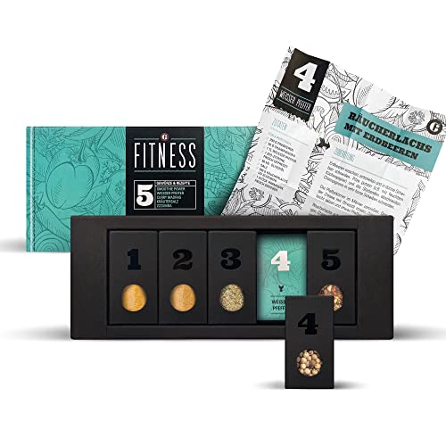 MEIN GENUSS Gewürzset Fitness – 5 Gewürze & Kräuter + 5 gesunde Superfood Rezepte - Geschenk für Fitness-Liebhaber, Gym-Freaks & Sportler – Gesunde Ernährung von MEIN GENUSS