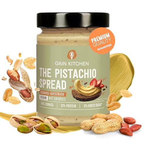 GainKitchen Erdnussbutter Protein Creme Crunchy - Vegane Pistaziencreme ohne Zucker & Palmöl | Ideal als Aufstrich, Topping und Protein Snack [33 Gramm Eiweiß] - 1x 265g von GAIN KITCHEN