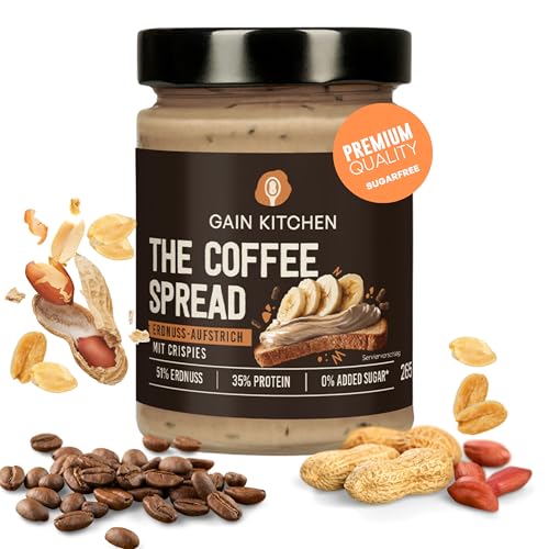 GainKitchen Erdnussbutter Protein Creme Crunchy [72% Erdnüsse] - Kaffeespread ohne Zucker - Ideal als Brotaufstrich, Topping und Protein Snack [30 Gramm Eiweiß] - 6x 265g von GAIN KITCHEN
