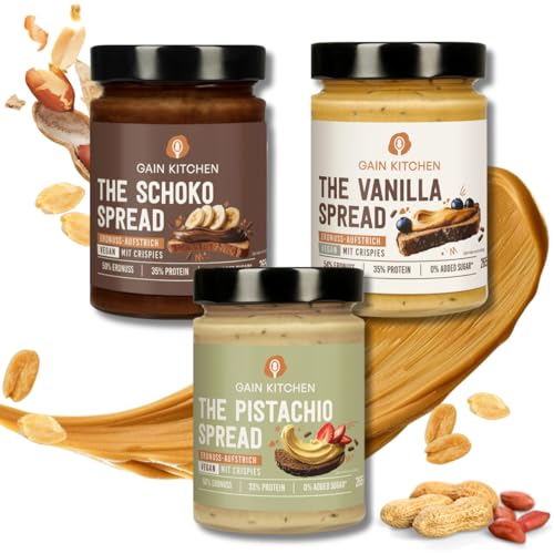 GainKitchen Erdnussbutter Protein Creme Crunchy [Veganes Probierpaket] - Pistazie, Schoko und Vanille Spreads - Ideal als Brotaufstrich, Topping und Protein Snack [33 Gramm Eiweiß] - 3x 265g von GAIN KITCHEN
