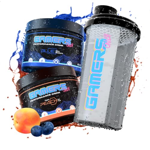 Gamers Only Gaming Booster Starter Set Hyper Peach Ice & Blue Nitro Blueberry [MIT KOFFEIN & ZERO ZUCKER ] inkl. Shaker | Erhöht die Konzentration & Reaktionen | 125MG Koffein & L-Tyrosin & Vitaminen von GAMERS ONLY