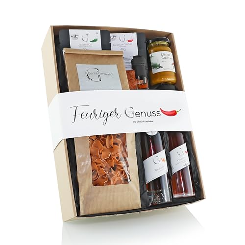 GeGeGe Geschenk-Set FEURIGER GENUSS/Geschenk-Idee für Männer und Frauen die es scharf mögen/Geschenkkorb - feinste Delikatessen zum Verschenken/Feinkost-Spezialitäten Präsent-Korb zum Geburtstag GeGeGe Geschenk-Set FEURIGER GENUSS/Geschenk-Idee für Männer und Frauen die es scharf mögen/Geschenkkorb - feinste Delikatessen zum Verschenken/Feinkost-Spezialitäten Präsent-Korb zum Geburtstag von GEGEGE