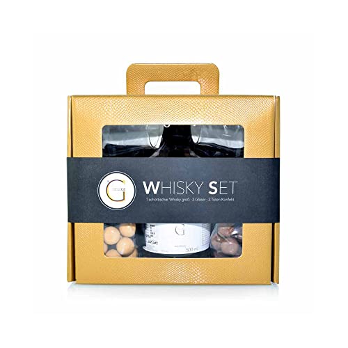 GeGeGe WHISKY SET Geschenk Set · GeGeGe bestbewerteter Single Malt Whisky 500ml & 2 Whisky Gläser · hochwertige schottische Whiskysorte als Whisky Geschenkset (Goldener Koffer) von GEGEGE