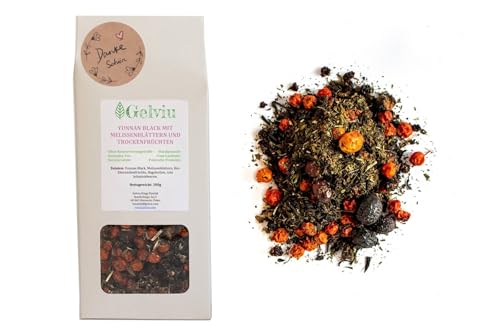 GELVIU Bio Schwarzer Tee Lose “Yunnan”- Schwarztee mit Melissenblätter - Tee Geschenk - Geburtstagstee mit dem Aufdruck Danke Schön - Handgepflückt und Handverpackt (100g) von GELVIU