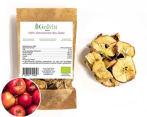 GELVIU Getrocknete Äpfelringe ohne Zucker Bio - Apfelscheiben 100% Natural Harte Bio-Äpfel für Kompott - bei Verstopfung, bessere Verdauung, Konservierungsmittelfrei, Ungeschwefelt (350g) von GELVIU