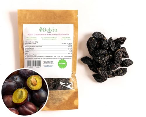 GELVIU Getrocknete Pflaumen mit Kernen für Kompott, konservierungsmittelfreie, ungeschwefelte Pflaumen aus unserem eigenen Obstgarten. (500g) von GELVIU