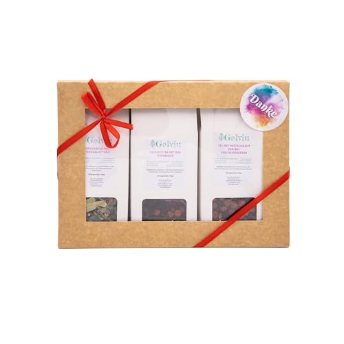 Gelviu Bio Tee Geschenkset Lose 3 x 100 g - Set Himbeertee, Misteltee und Himbeertee-Lindenblütentee - Tee Geschenk - Geschenkbox für jeden Anlass mit dem Aufdruck Danke von GELVIU