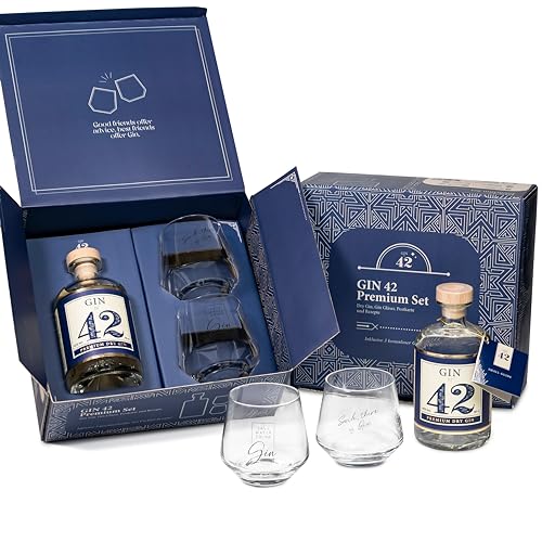 Gin 42 Geschenkset | Premium 2-in-1 Set | 2 x Gin Gläser und 500 ml Dry Gin | Gin Gläser mit Sprüchen | Für XXL-Eiswürfel | Geschenkbox für Männer und Frauen von GIN 42